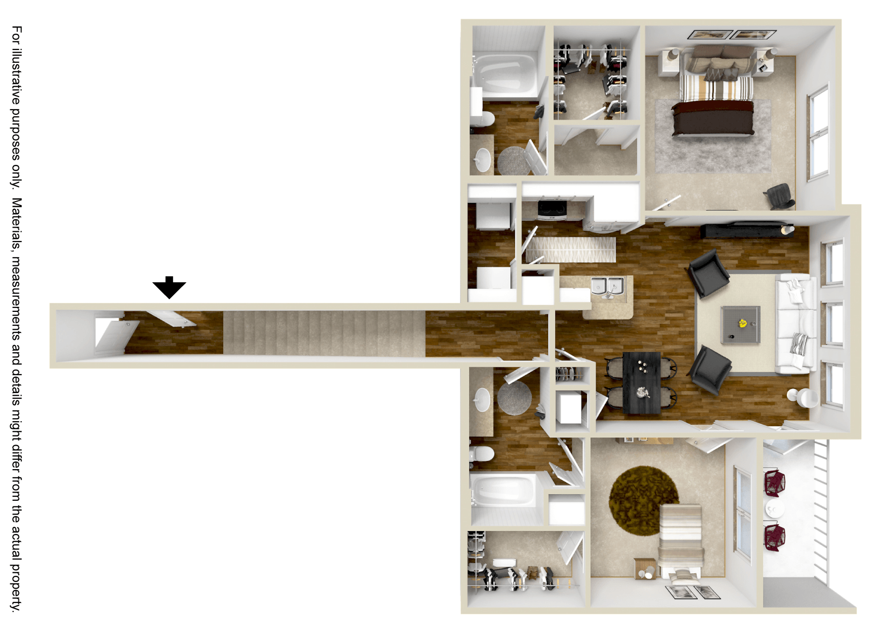 Floor plan for 2 beds, 2 baths, 1090 sqft